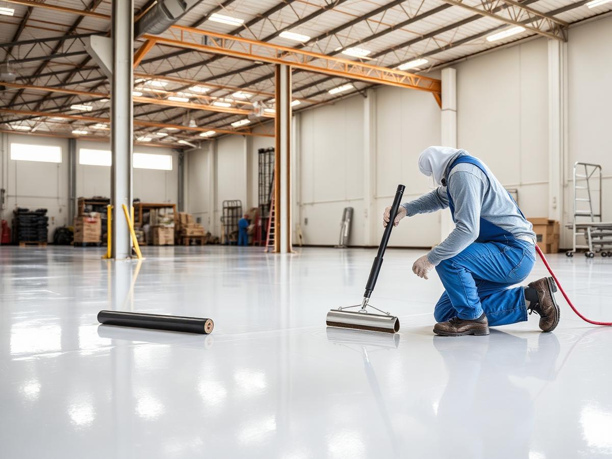 Aplicación de recubrimiento epóxico sobre piso de bodega industrial